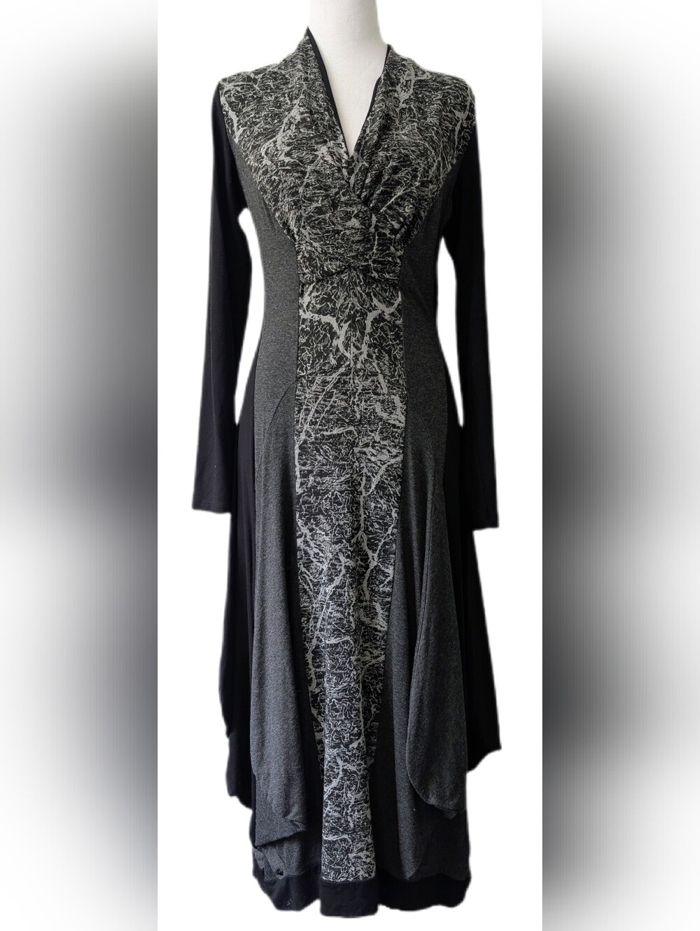 Ronen Chen Maxi Jersey Bubble Dress Black Grey Printed V-neck Wrap #38555 -3/10-